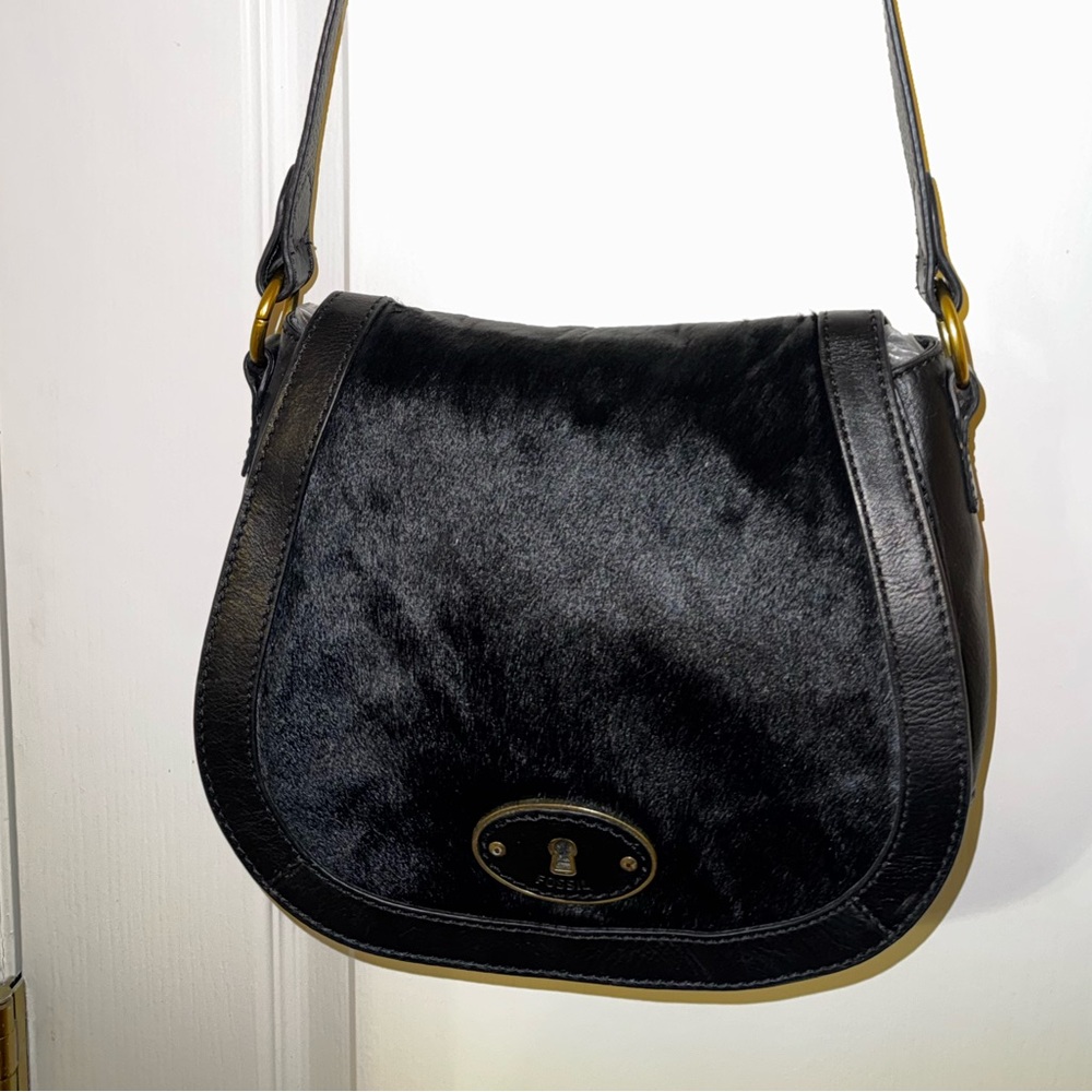 Fossil Black Leather and Fur Shoulder Bag